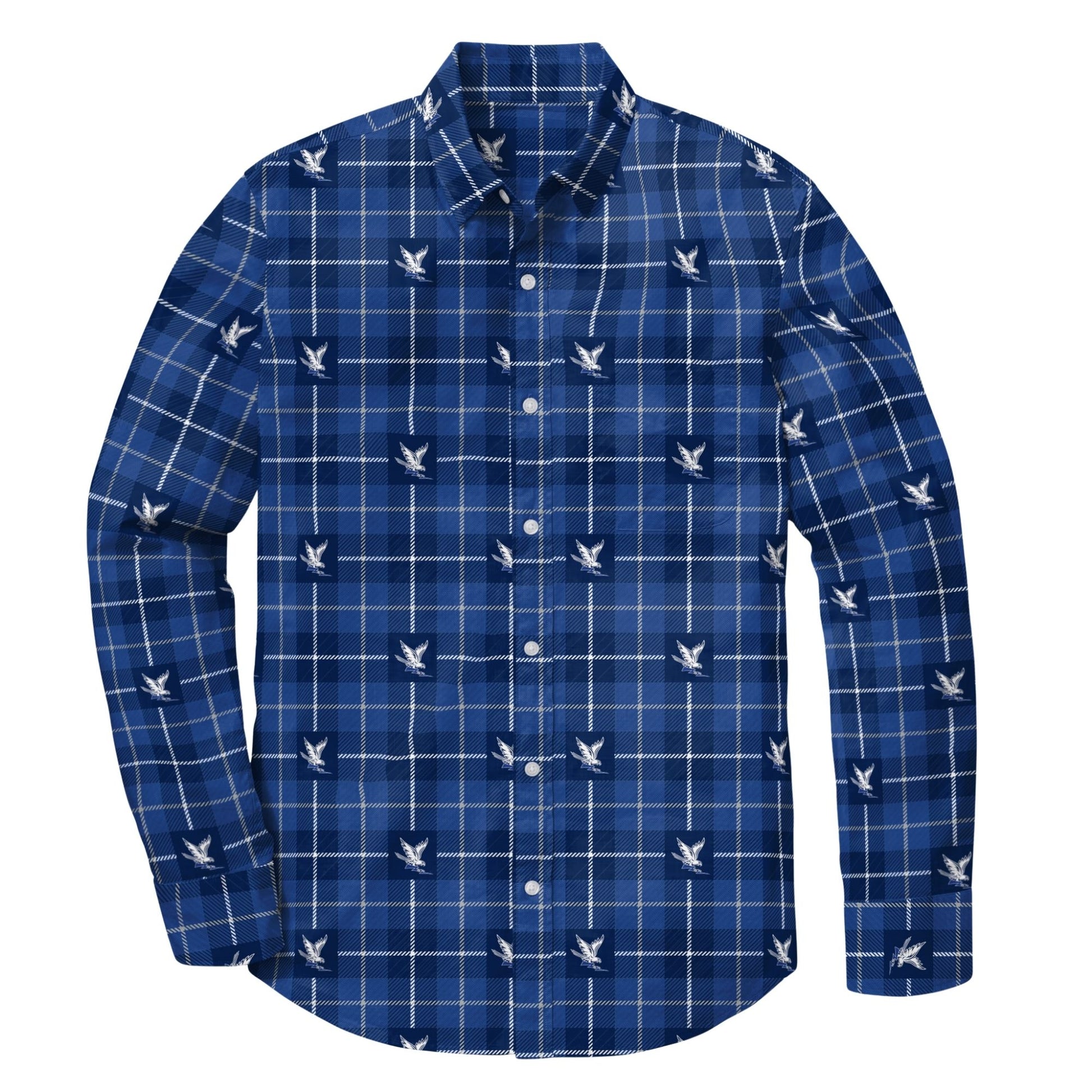 Royal blue Air Force Academy plaid button-up shirt featuring repeating white falcon logos