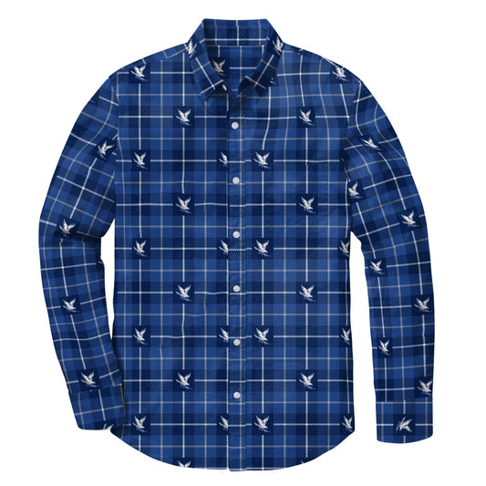 Royal blue Air Force Academy plaid button-up shirt featuring repeating white falcon logos