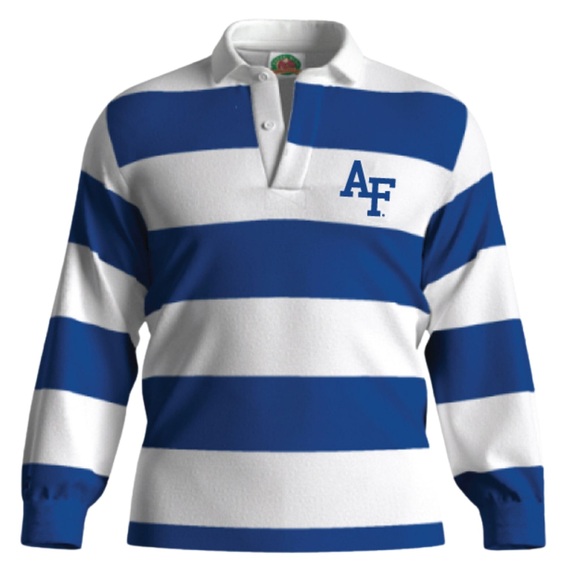 Royal blue and white striped Air Force Academy rugby shirt featuring AF logo on left chest
