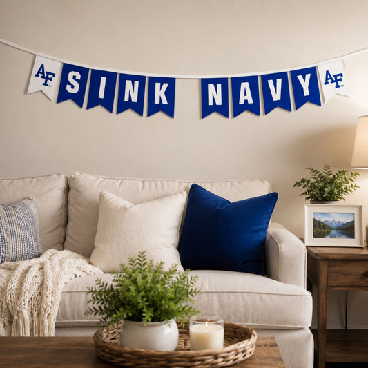 Air Force Academy Sink Navy felt banner with royal blue and white pennants connected by a white grosgrain ribbon