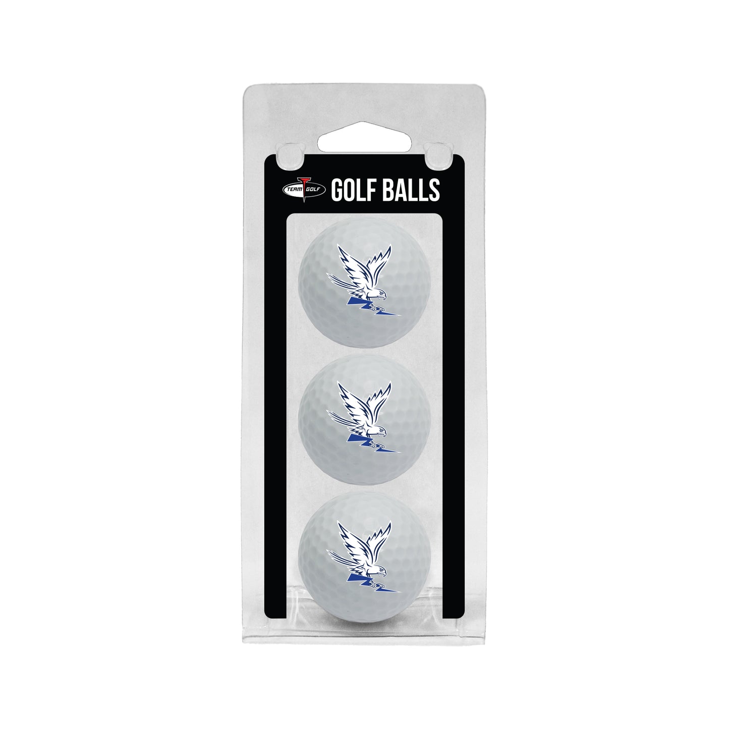 Three-pack of white Air Force Academy golf balls featuring the Spirit Falcon logo in blue, packaged in clear retail box.