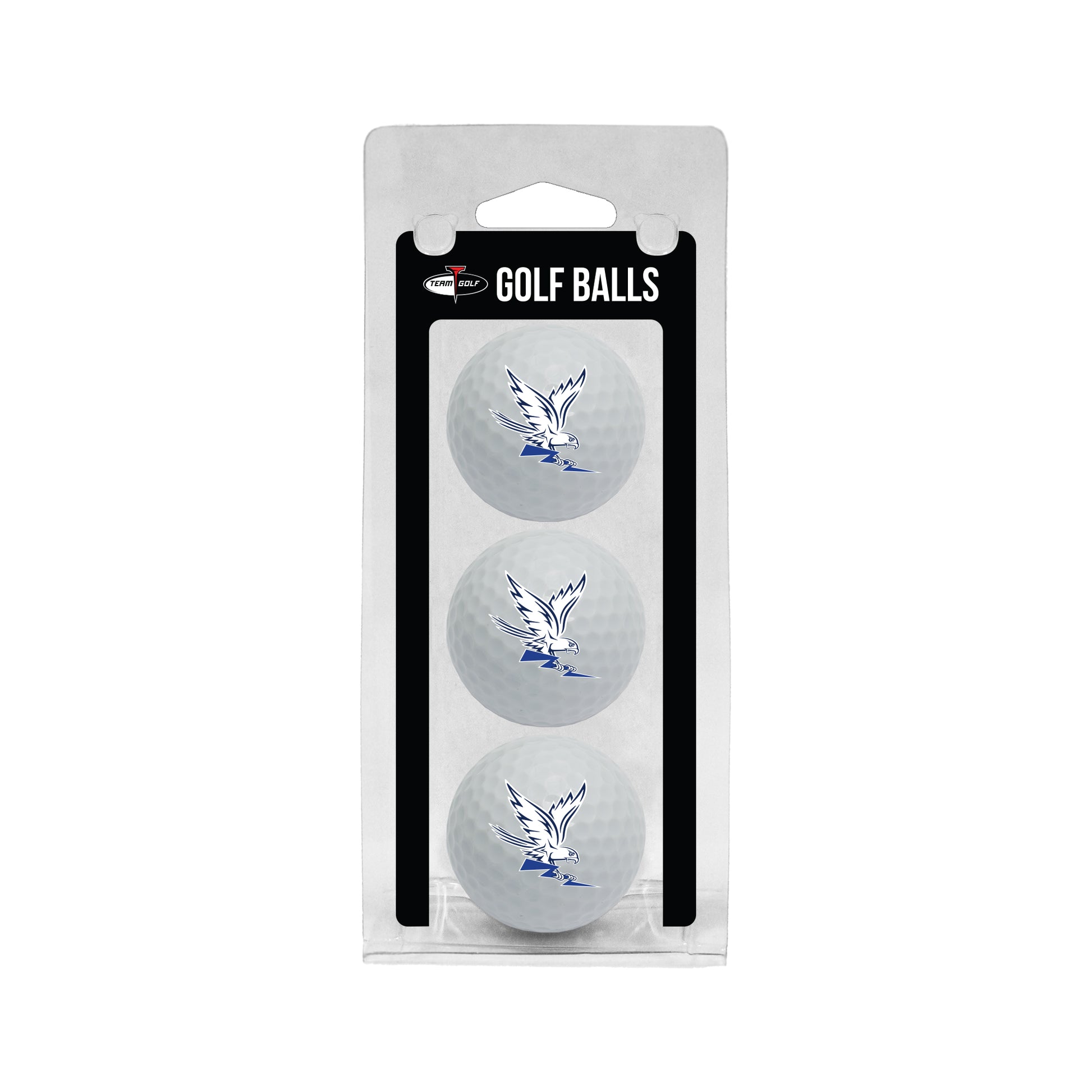 Three-pack of white Air Force Academy golf balls featuring the Spirit Falcon logo in blue, packaged in clear retail box.