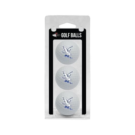 Three-pack of white Air Force Academy golf balls featuring the Spirit Falcon logo in blue, packaged in clear retail box.