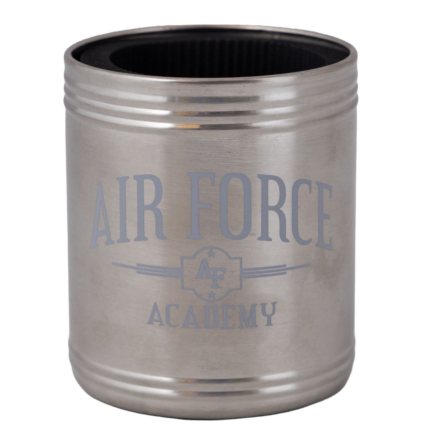 Silver Air Force Academy stainless steel drink koozie with AF logo and engraved lettering on the front