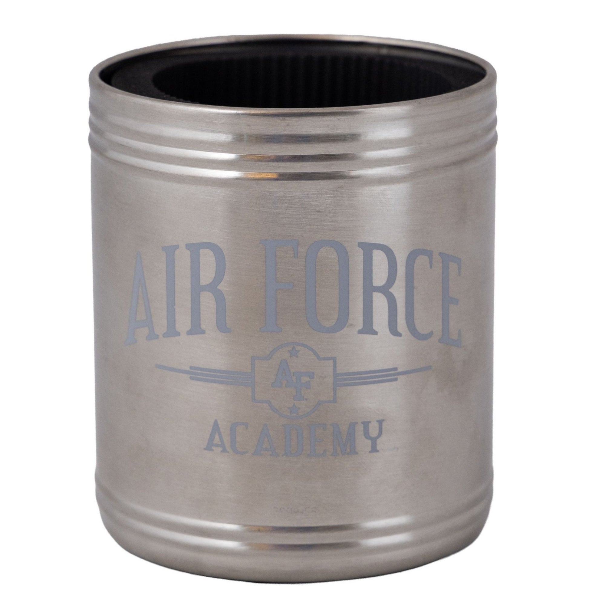 Silver Air Force Academy stainless steel drink koozie with AF logo and engraved lettering on the front