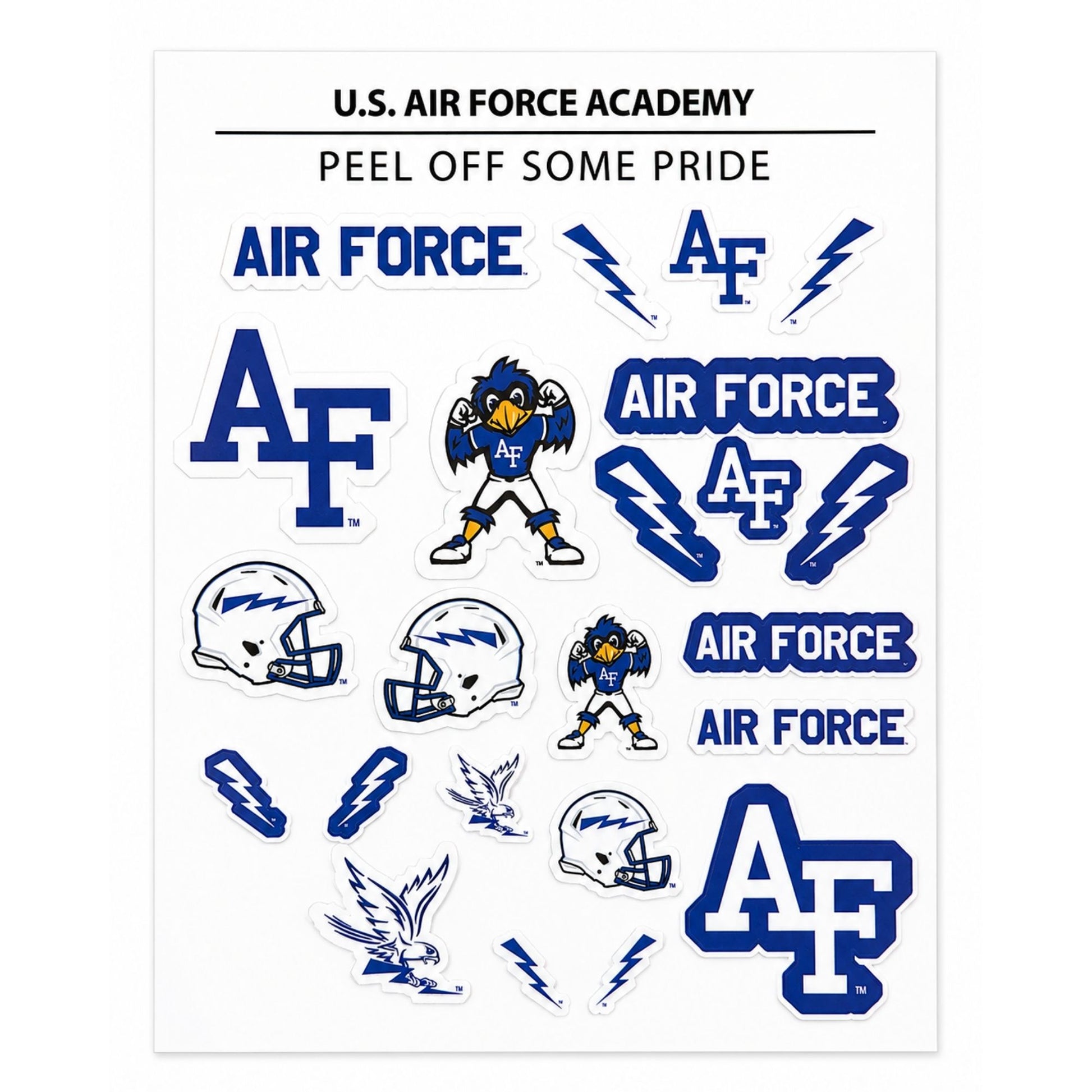 Air Force Academy sticker sheet featuring AF logos, Spirit Falcons, pennants, foam fingers, and Air Force wordmark stickers.