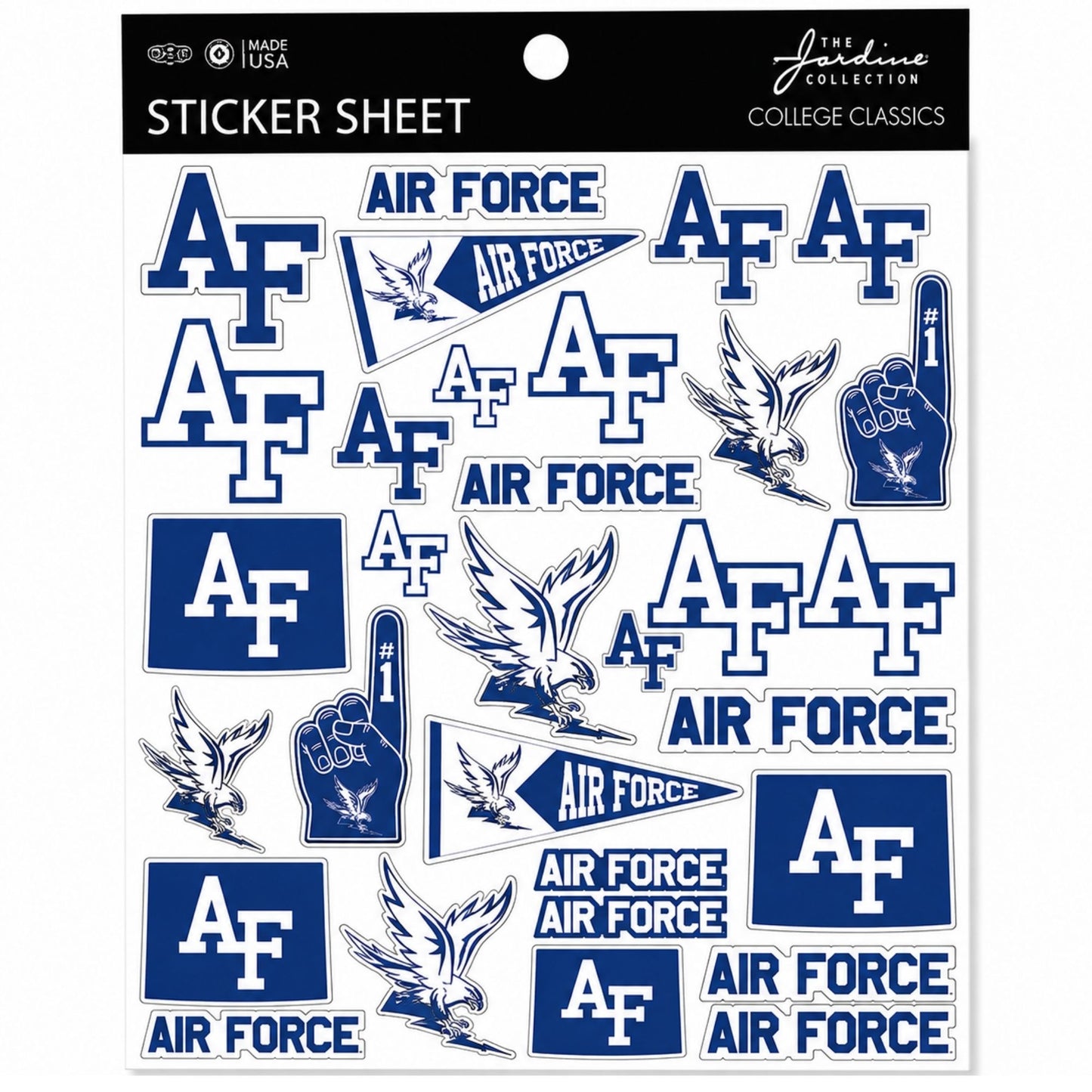 Air Force Academy sticker sheet featuring AF logos, Spirit Falcons, pennants, foam fingers, and Air Force wordmark stickers.