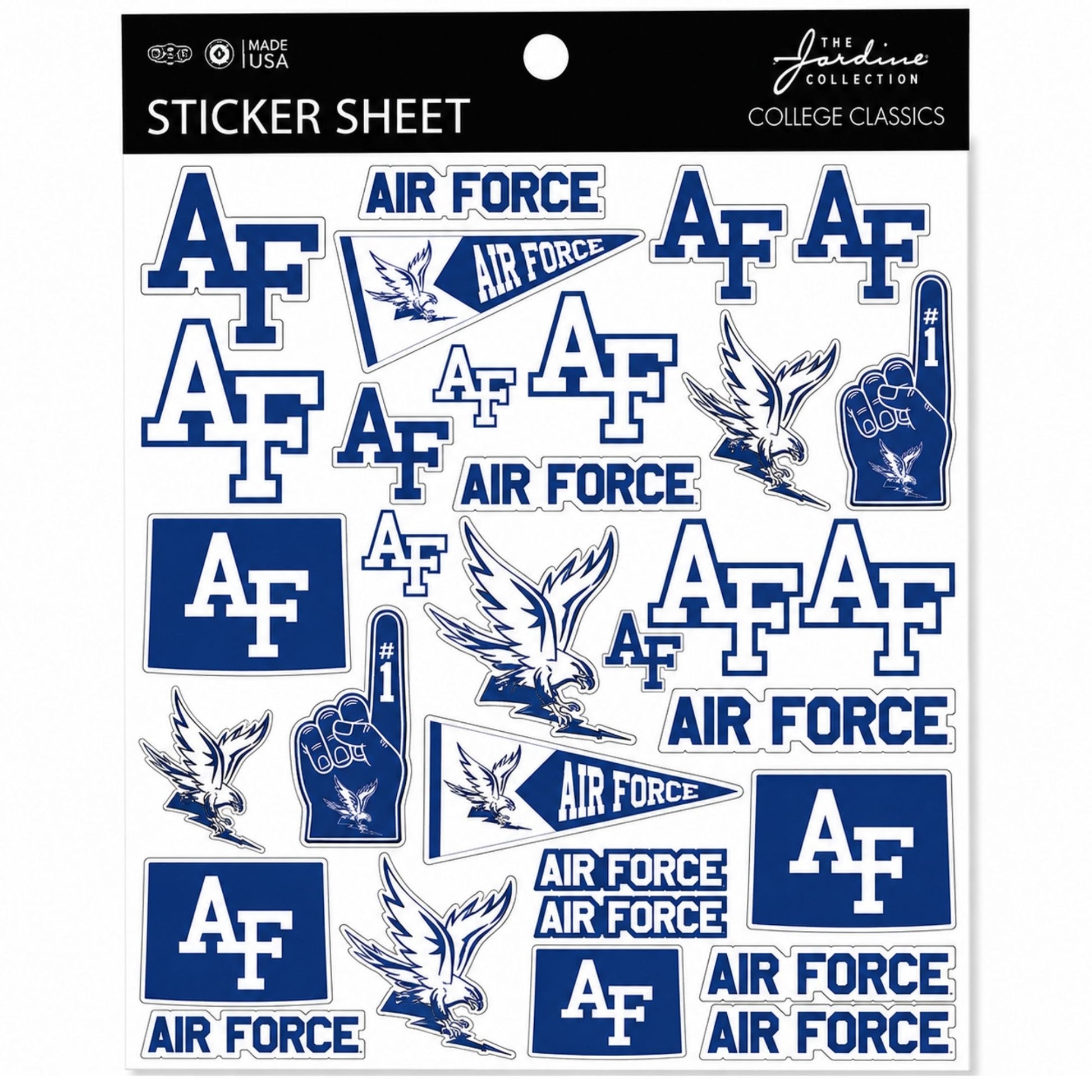 Air Force Academy sticker sheet featuring AF logos, Spirit Falcons, pennants, foam fingers, and Air Force wordmark stickers.