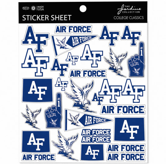 Air Force Academy sticker sheet featuring AF logos, Spirit Falcons, pennants, foam fingers, and Air Force wordmark stickers.