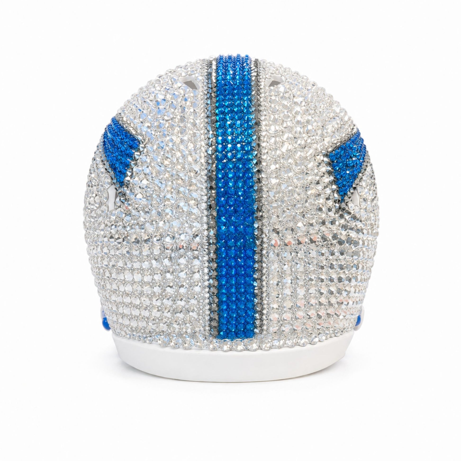 Back view of the Air Force Academy mini helmet adorned with silver, blue and gunmetal Swarovski crystals