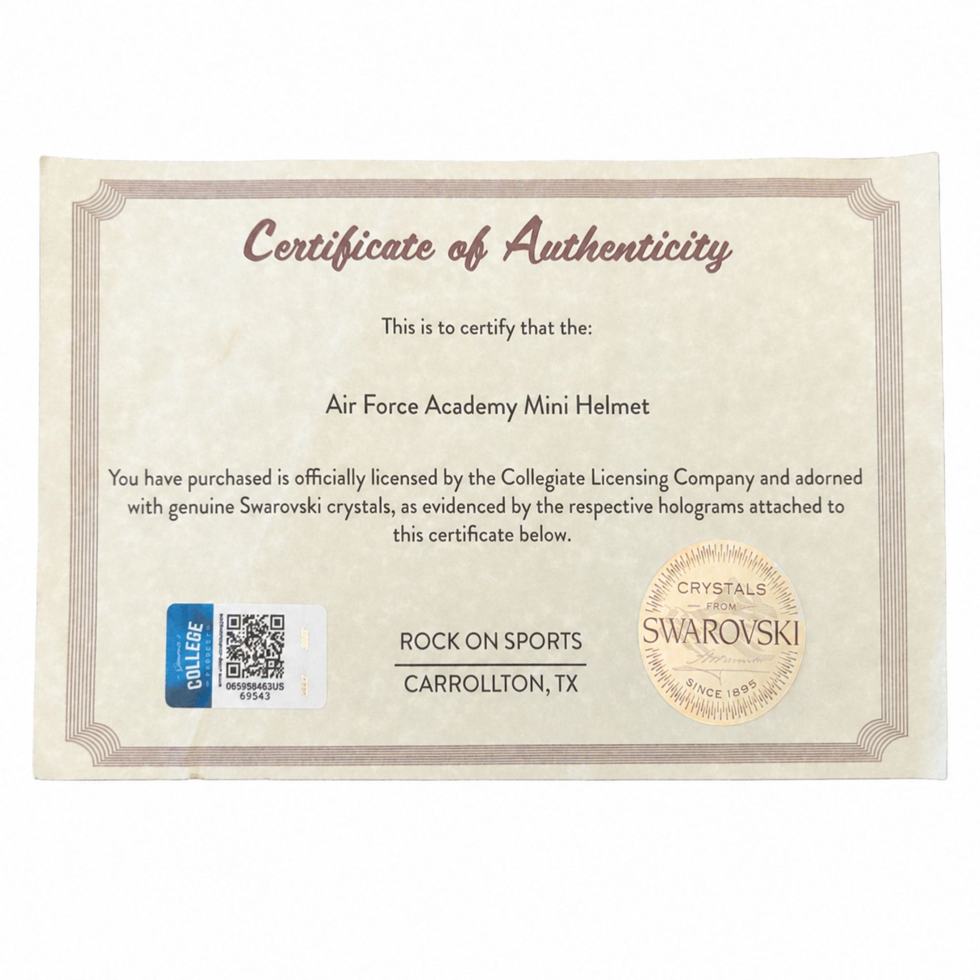 Certificate of Authenticity for the officially licensed Air Force Academy mini helmet with genuine Swarovski crystals