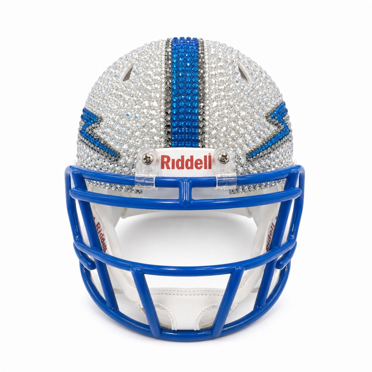 Front view of the Air Force Academy Swarovski Crystal Mini Helmet with blue facemask and crystal detailing