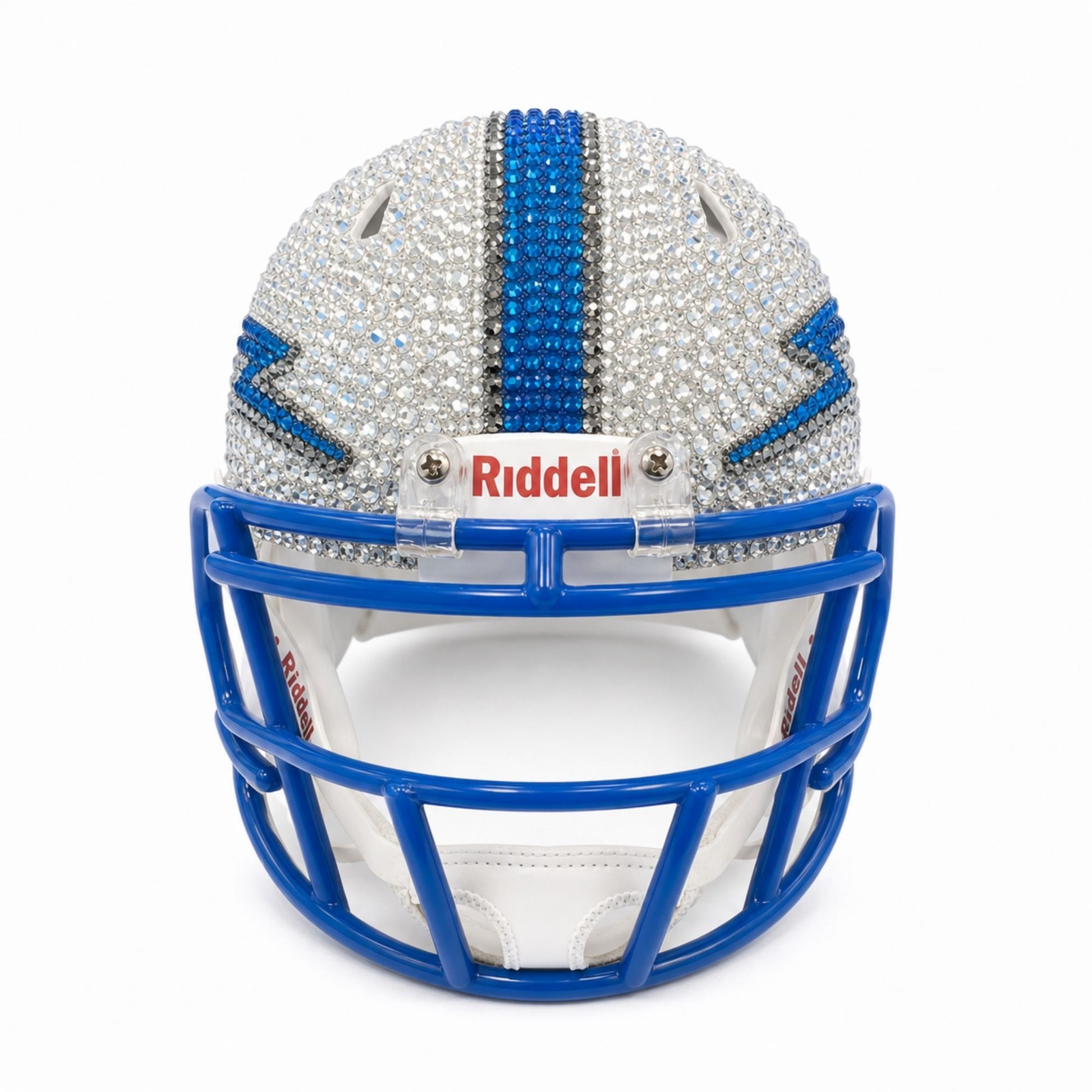 Front view of the Air Force Academy Swarovski Crystal Mini Helmet with blue facemask and crystal detailing