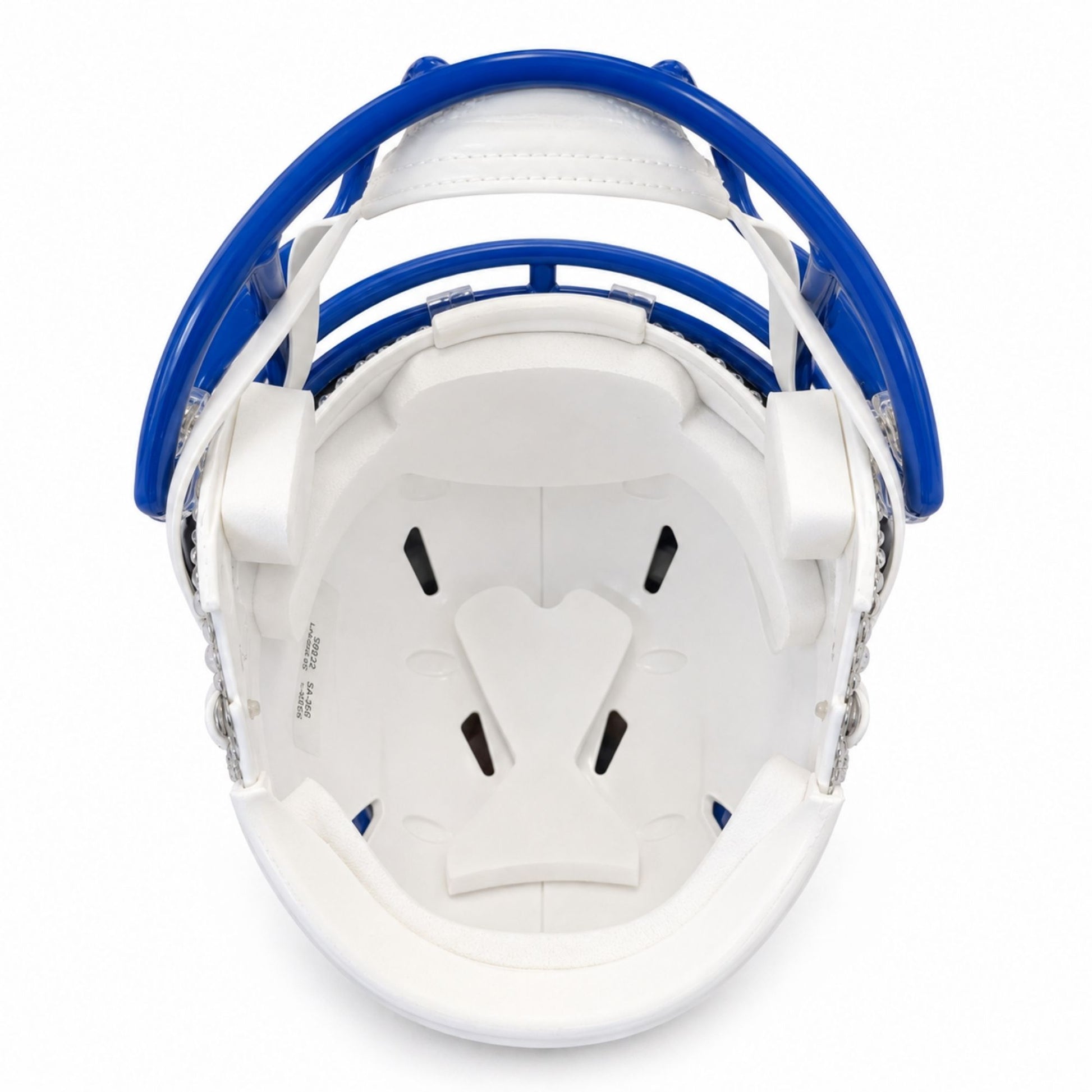 Interior view of the Air Force Academy Swarovski Crystal Mini Helmet with blue facemask and white padding