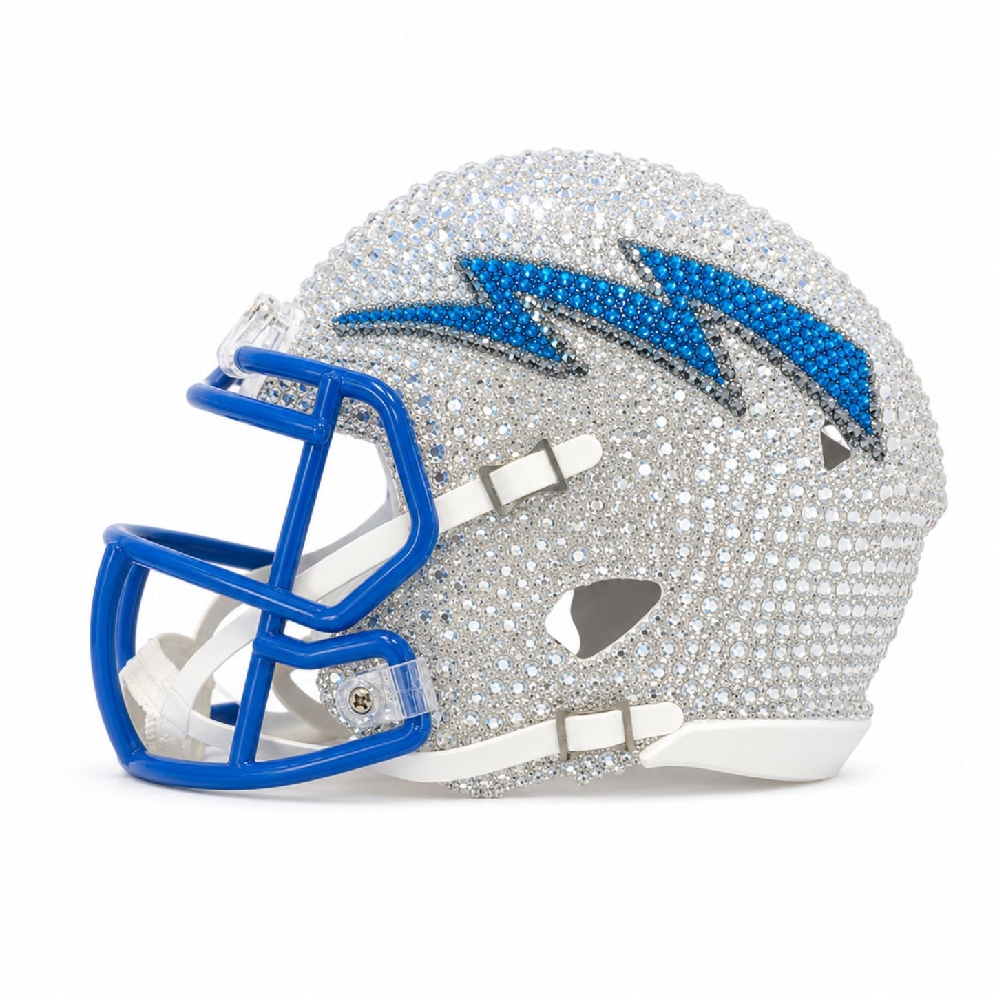 Left-side view of the Air Force Academy Swarovski Crystal Mini Helmet with blue lightning bolt and facemask