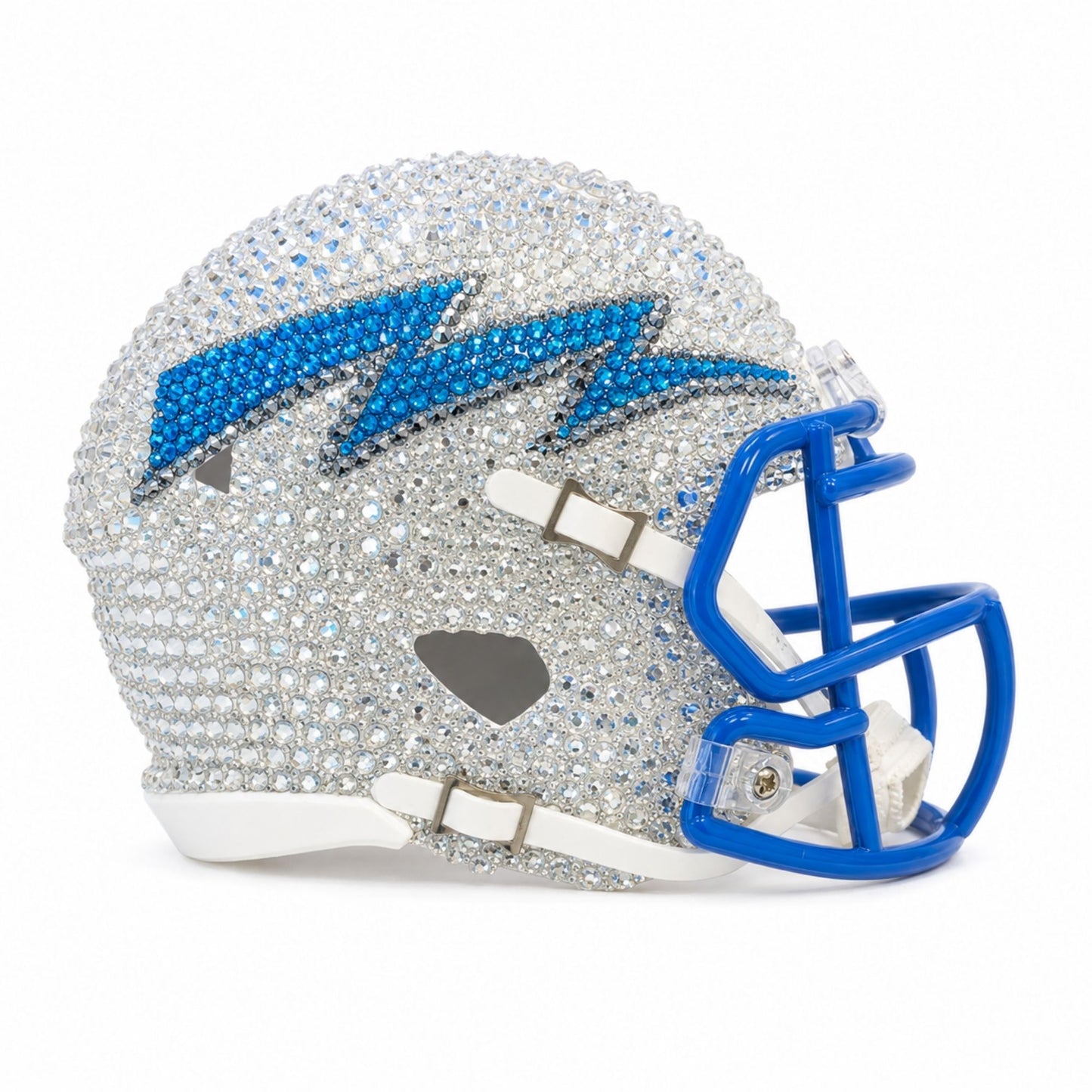 Right-side view of the crystal-covered Air Force Academy mini helmet featuring the blue lightning bolt design