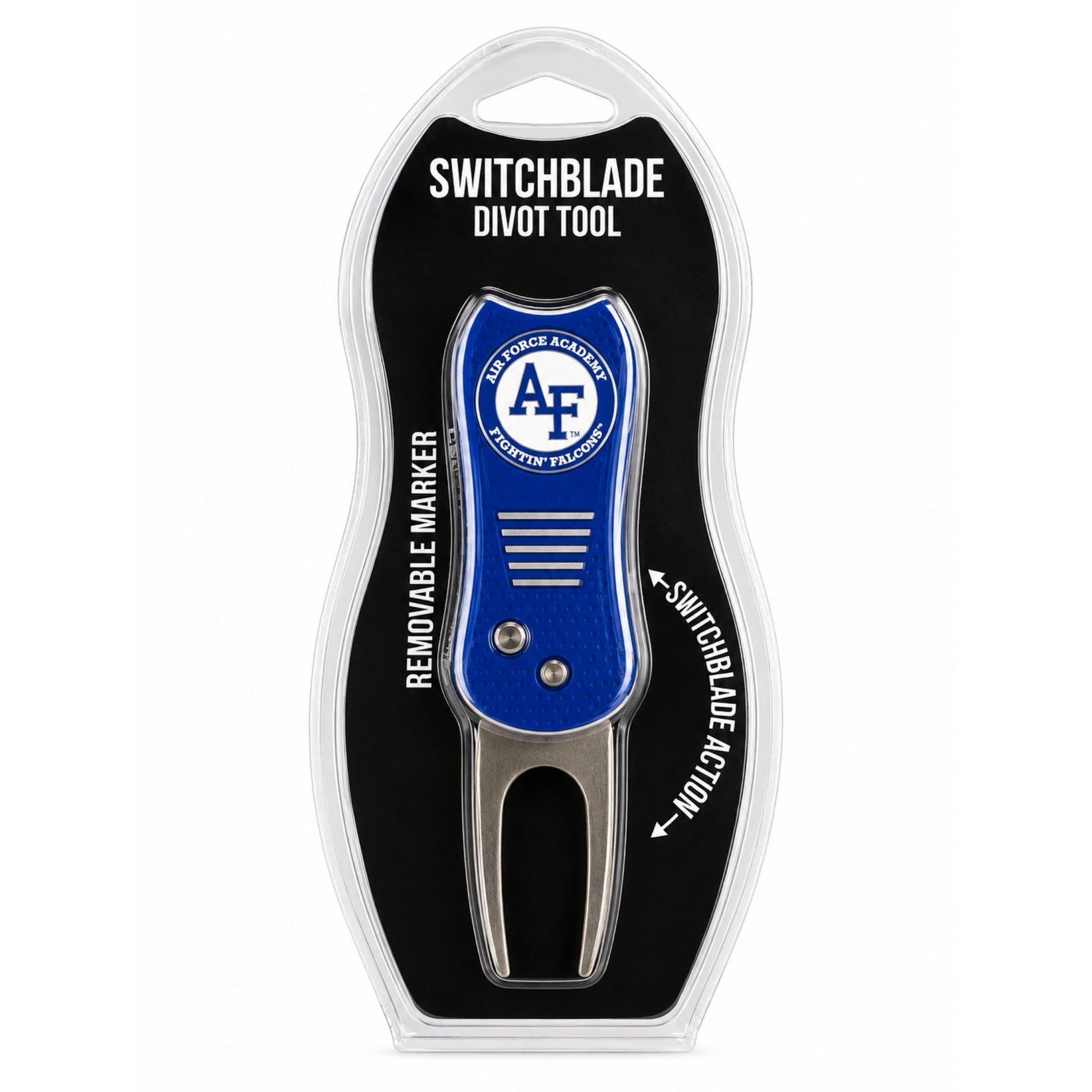 Air Force Academy switchblade divot tool with blue ergonomic handle, AF Fightin' Falcons emblem, removable ball marker, and stainless steel repair prongs displayed