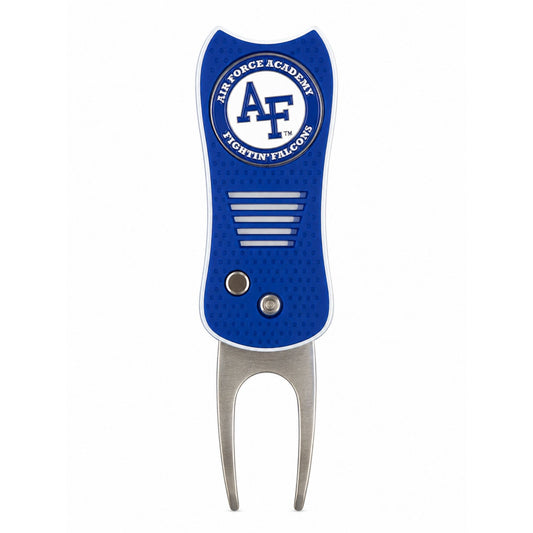 Air Force Academy switchblade divot tool with blue ergonomic handle, AF Fightin' Falcons emblem, removable ball marker, and stainless steel repair prongs displayed