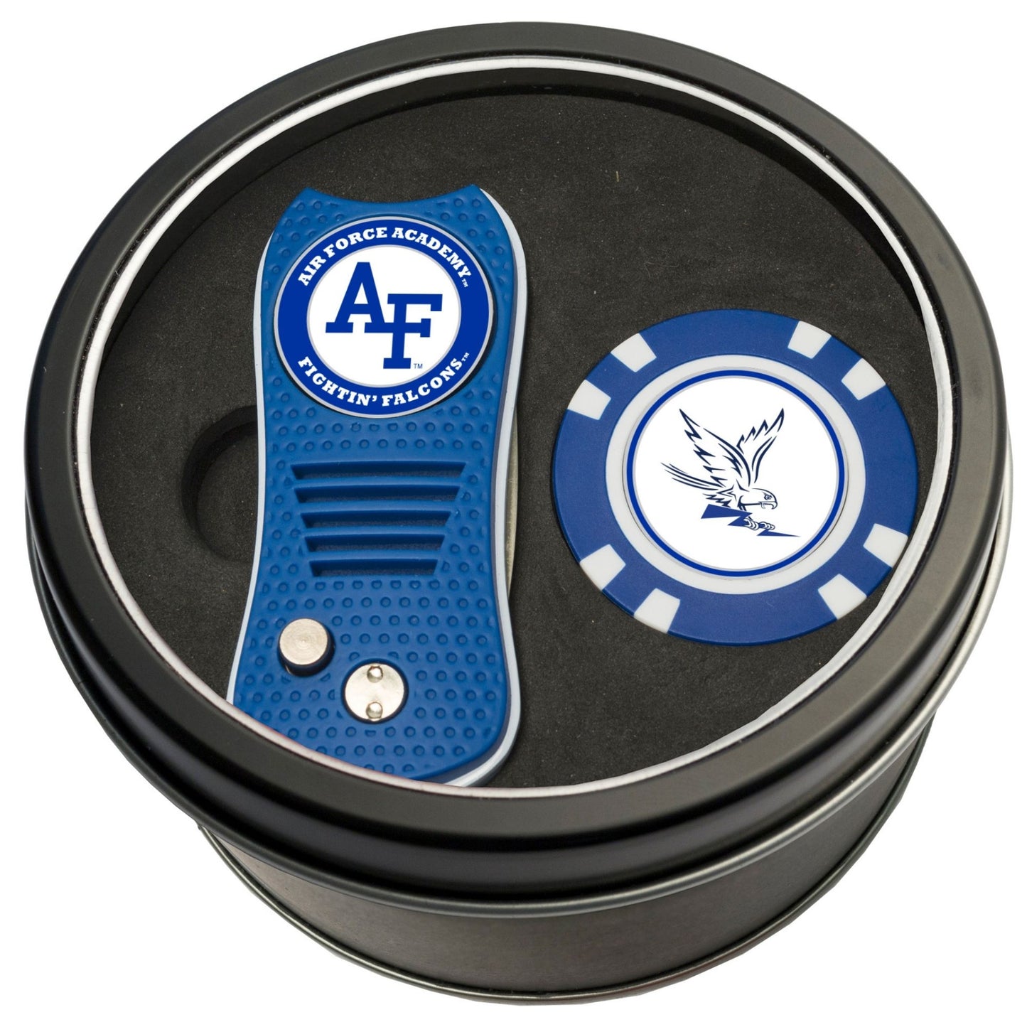 Air Force Academy AF logo switchblade divot repair tool with Fighting Falcons golf chip ball marker gift set