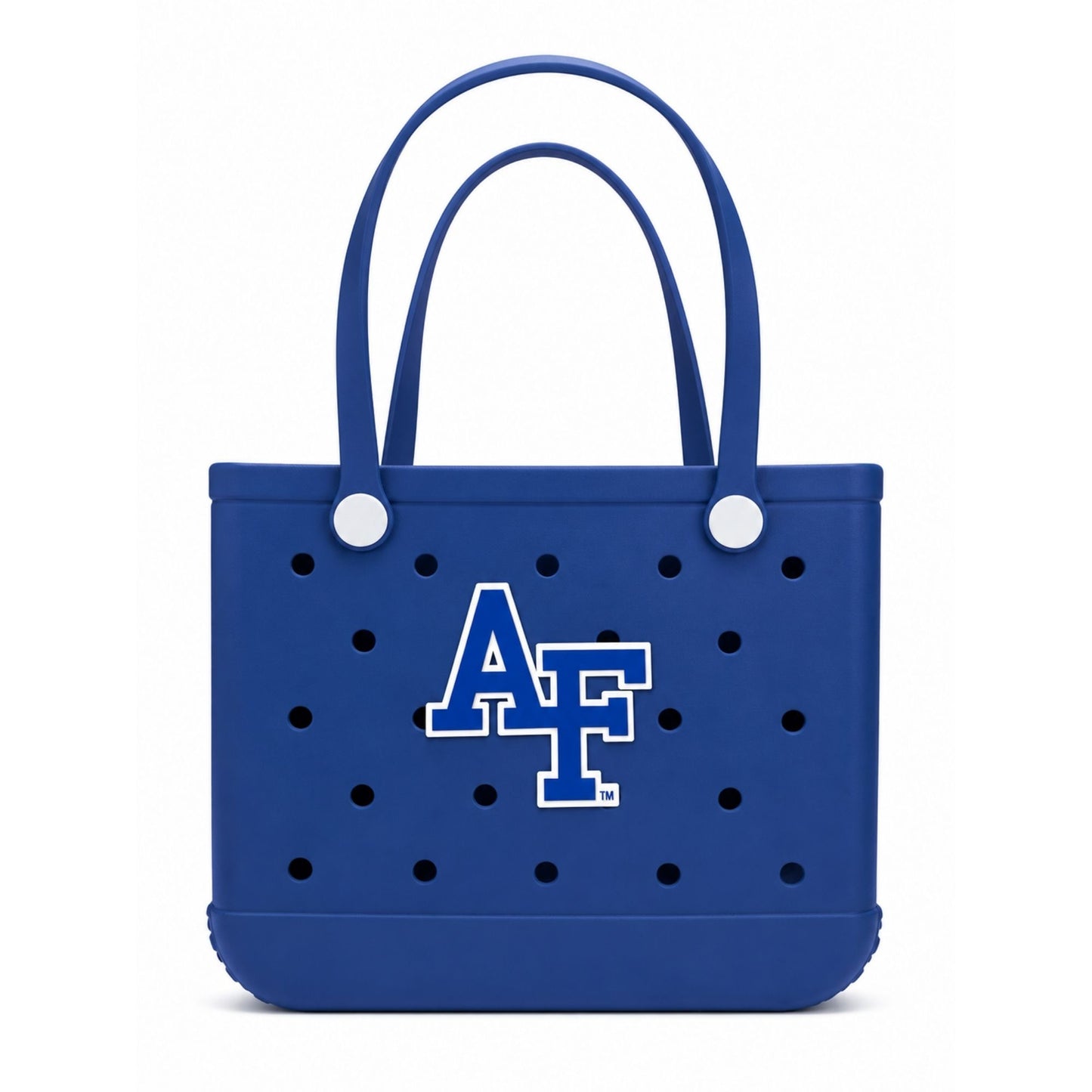 Air Force Academy Thunderbolt Tote in royal blue EVA foam with AF logo charm and shoulder straps displayed