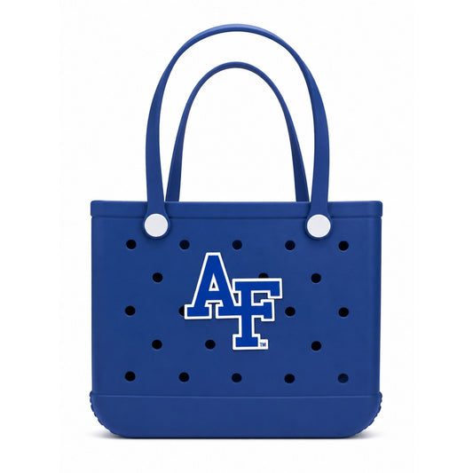 Air Force Academy Thunderbolt Tote in royal blue EVA foam with AF logo charm and shoulder straps displayed