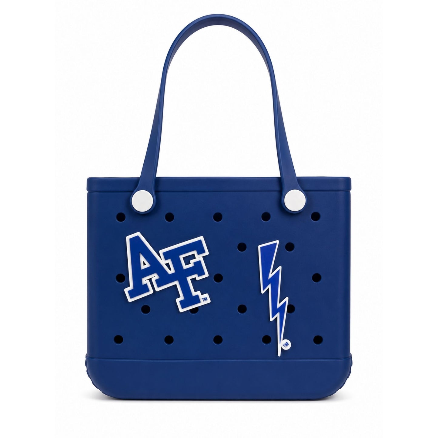 Air Force Academy Thunderbolt Tote in royal blue EVA foam with AF logo charm and shoulder straps displayed