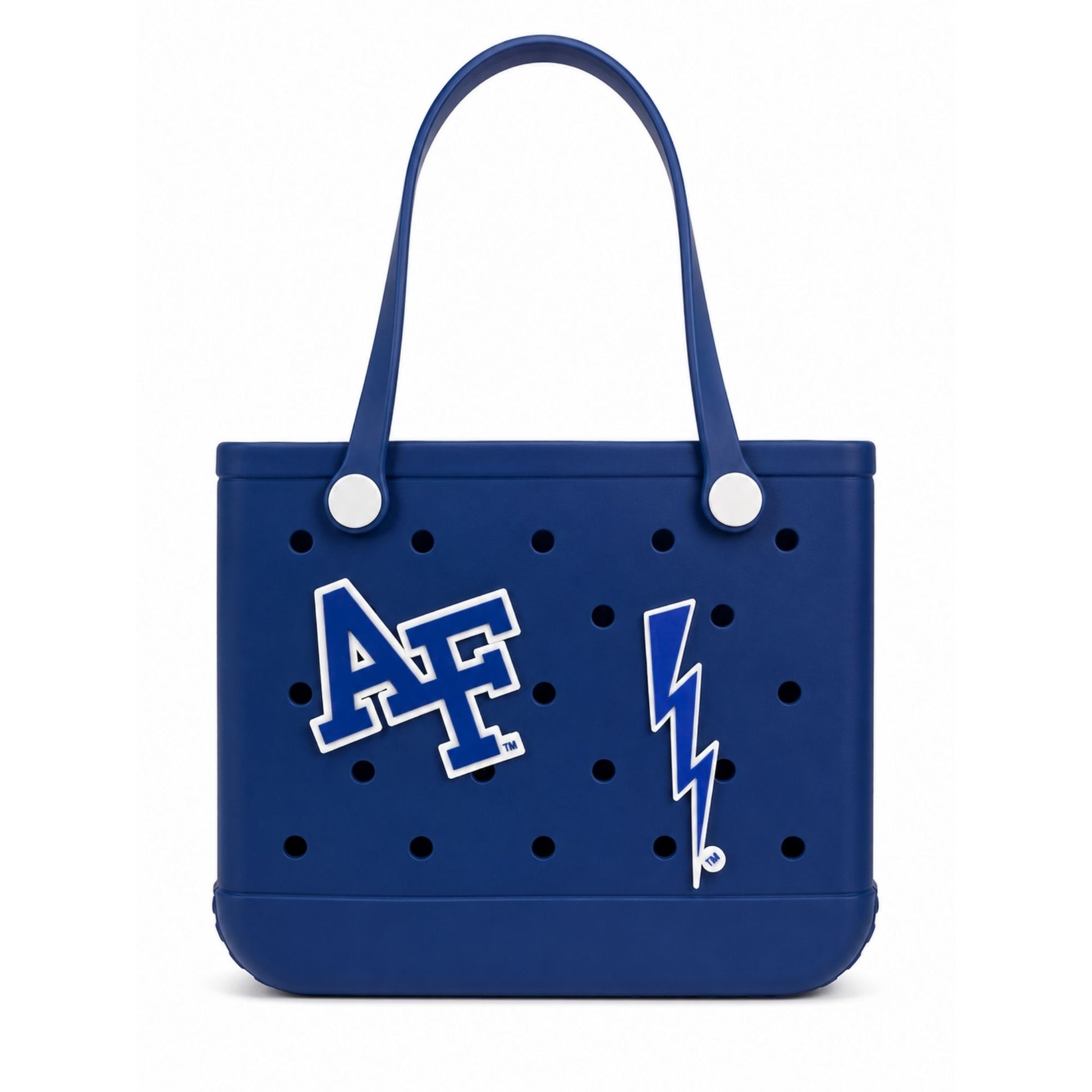 Air Force Academy Thunderbolt Tote in royal blue EVA foam with AF logo charm and shoulder straps displayed