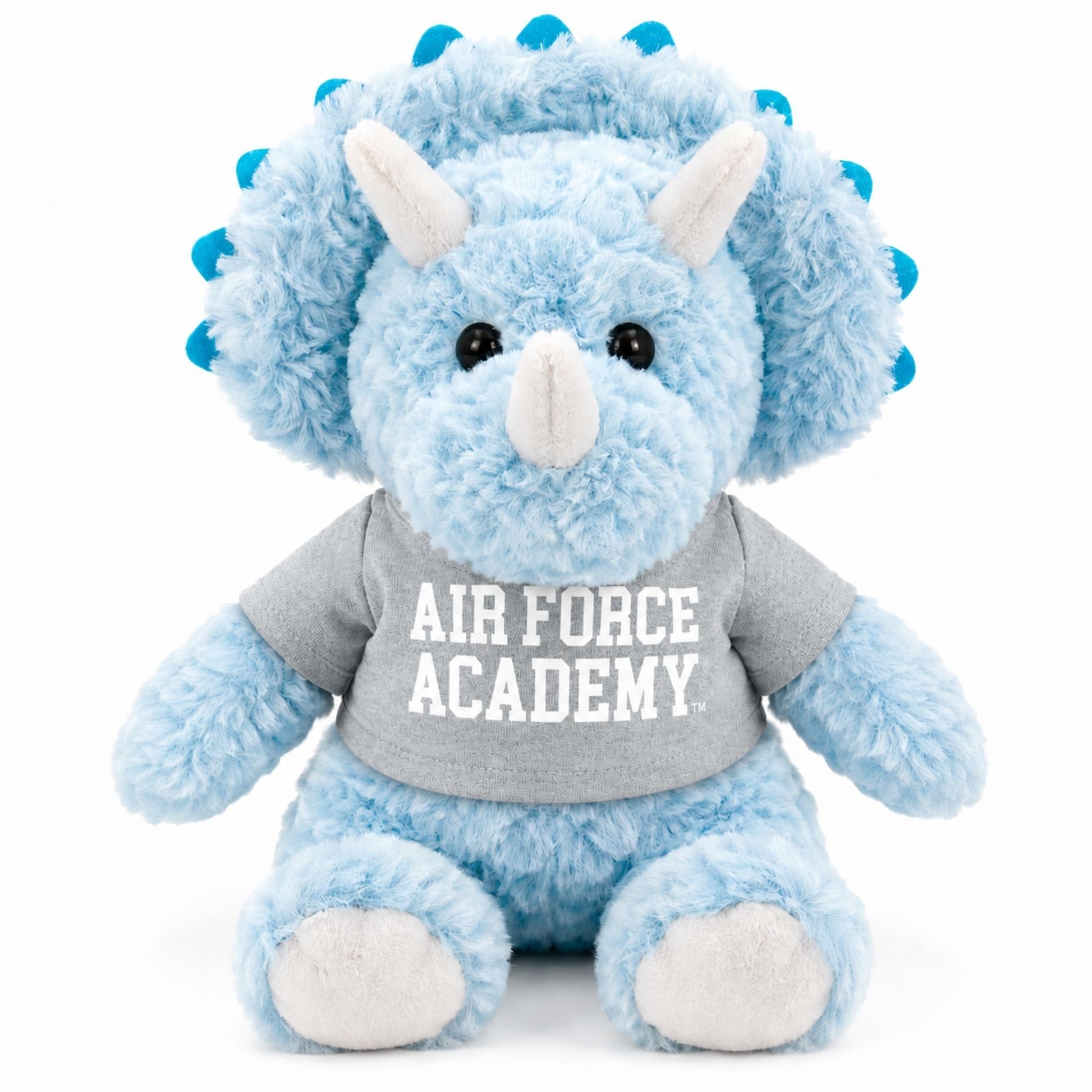 Light blue Air Force Academy triceratops plush toy wearing a heather gray Air Force Academy t-shirt