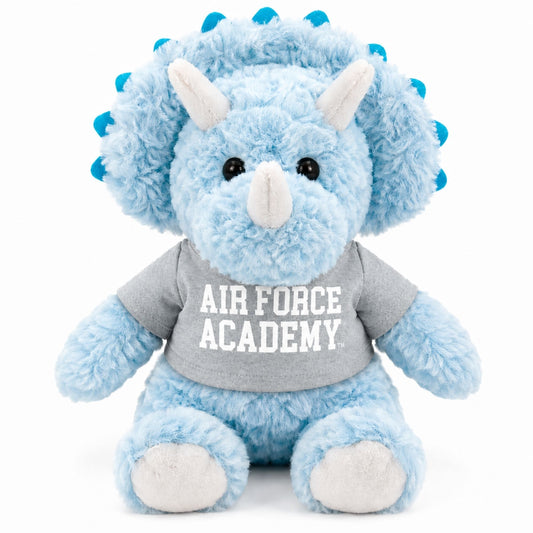 Light blue Air Force Academy triceratops plush toy wearing a heather gray Air Force Academy t-shirt