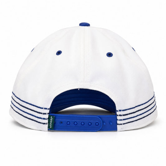 Back view of the Air Force Academy Varsity Stripe Hat showing triple blue side stripes and an adjustable snapback closure.