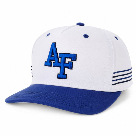 Front view of the Air Force Academy Varsity Stripe Hat with an embroidered AF logo, white crown and royal blue bill.