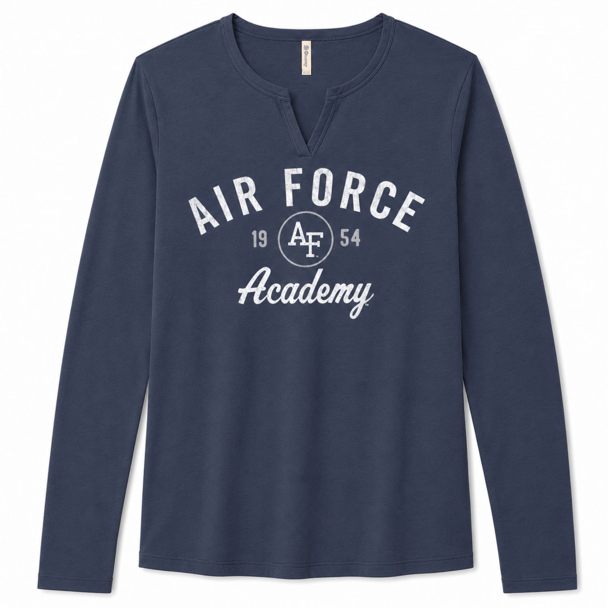 Navy Air Force Academy Vintage Varsity Long Sleeve shirt with distressed collegiate graphic and notch neckline