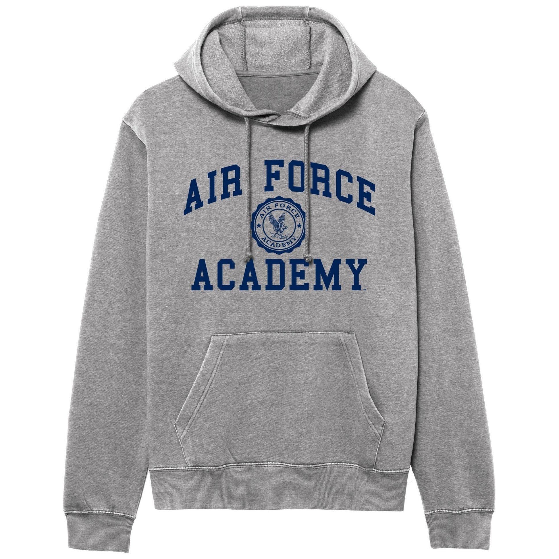 Gray Air Force Academy Weathered Hoodie with vintage collegiate graphic, relaxed fit, and front pocket
