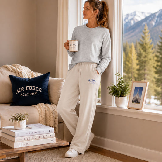 Cream Air Force Academy wide leg lounge pants with adjustable drawstring waistband and blue embroidered logo