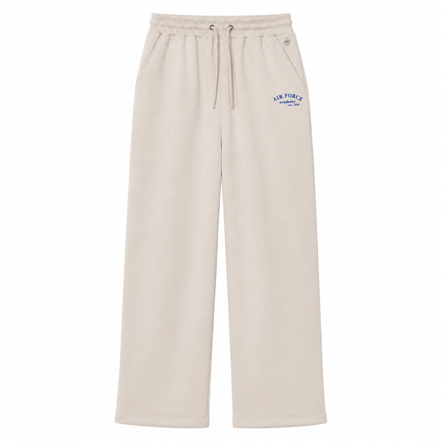 Cream Air Force Academy wide leg lounge pants with adjustable drawstring waistband and blue embroidered logo