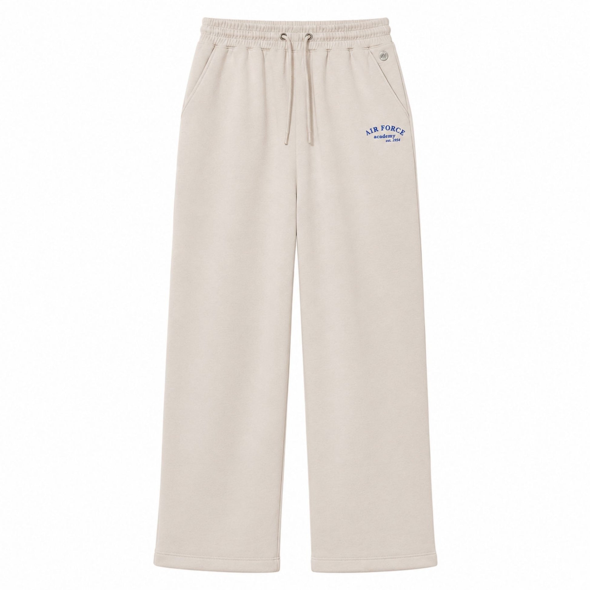 Cream Air Force Academy wide leg lounge pants with adjustable drawstring waistband and blue embroidered logo