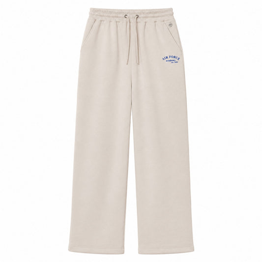 Cream Air Force Academy wide leg lounge pants with adjustable drawstring waistband and blue embroidered logo