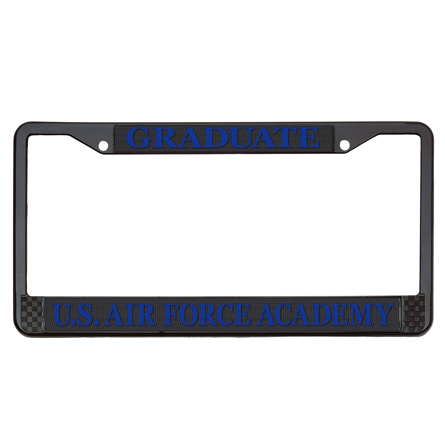 Air Force Academy Wingman blue license plate frame with graduate text and black powder-coated metal finish