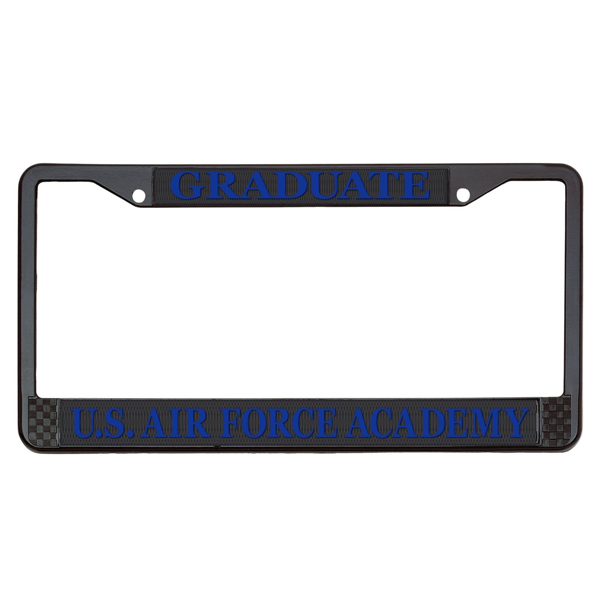 Air Force Academy Wingman blue license plate frame with graduate text and black powder-coated metal finish