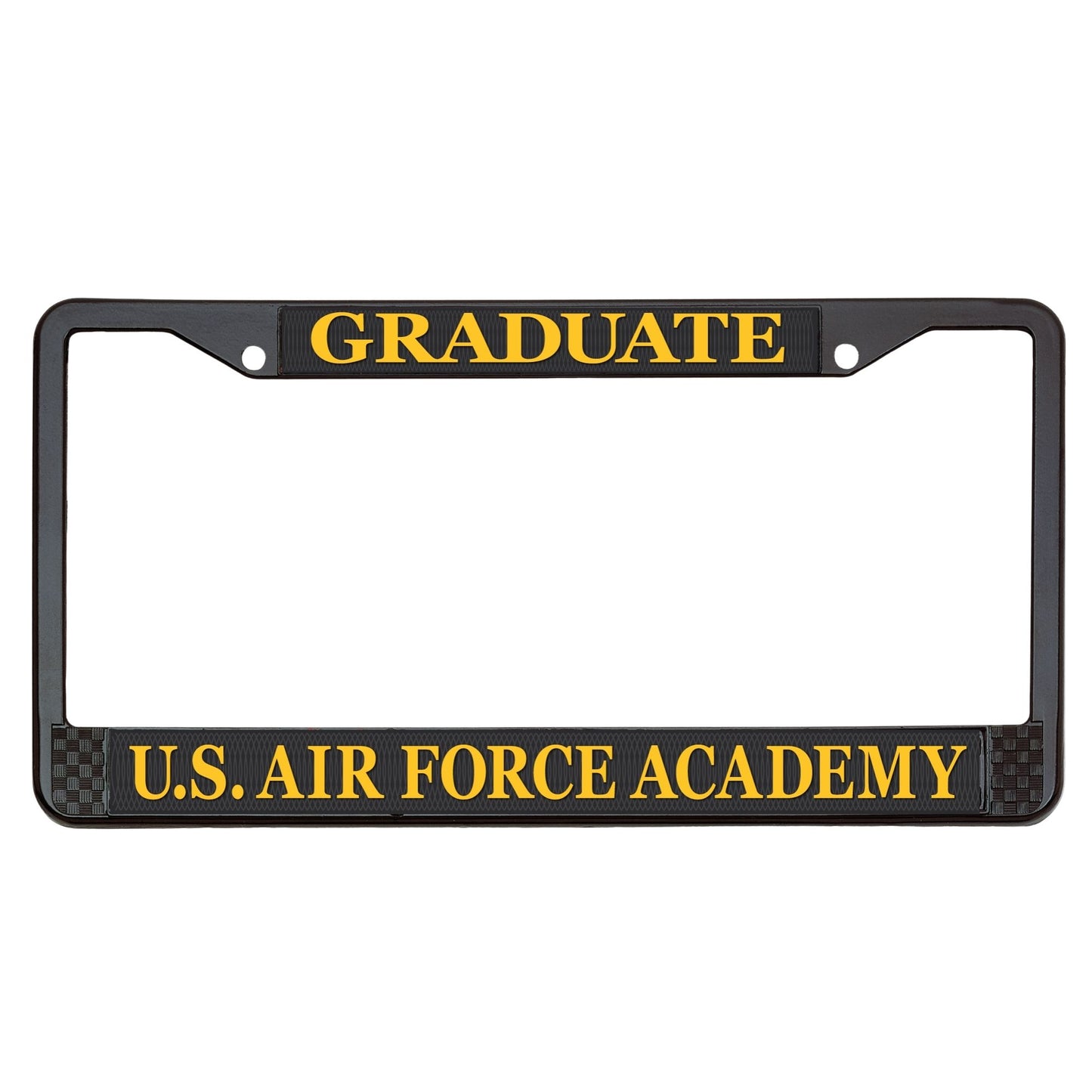 Air Force Academy Wingman gold license plate frame with graduate text and black powder-coated metal finish
