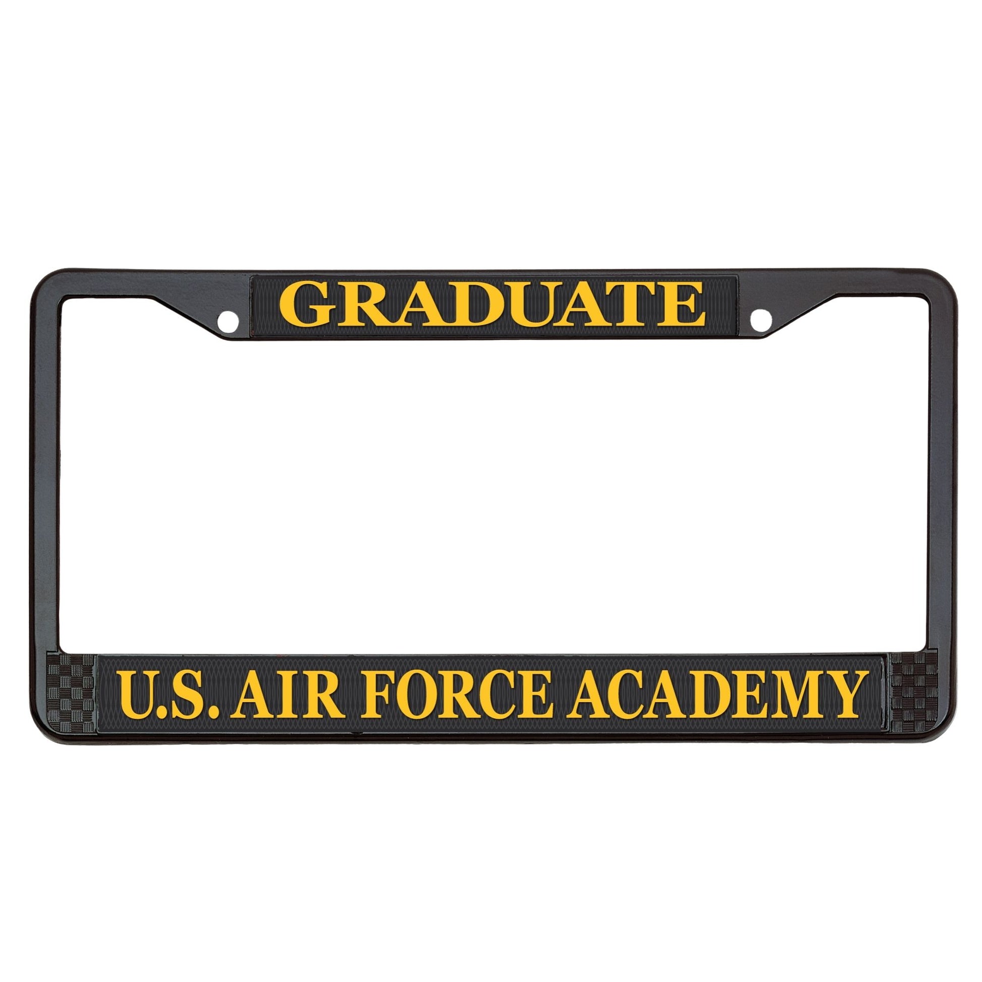Air Force Academy Wingman gold license plate frame with graduate text and black powder-coated metal finish