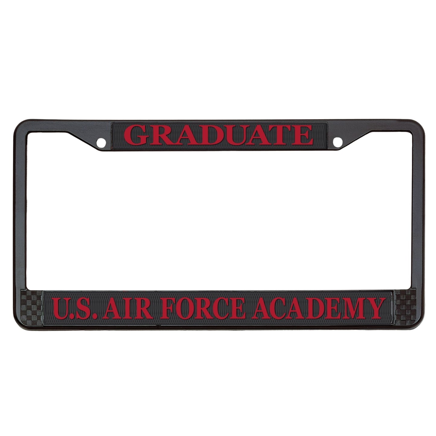 Air Force Academy Wingman red license plate frame with graduate text and black powder-coated metal finish