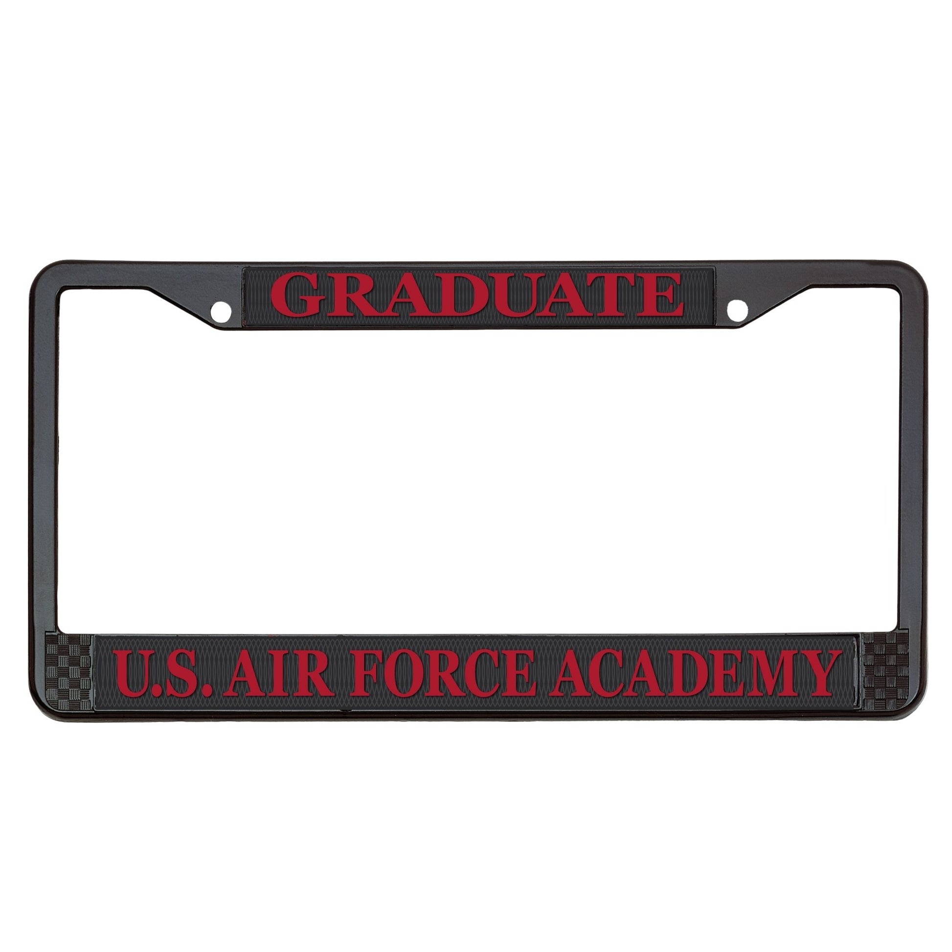 Air Force Academy Wingman red license plate frame with graduate text and black powder-coated metal finish