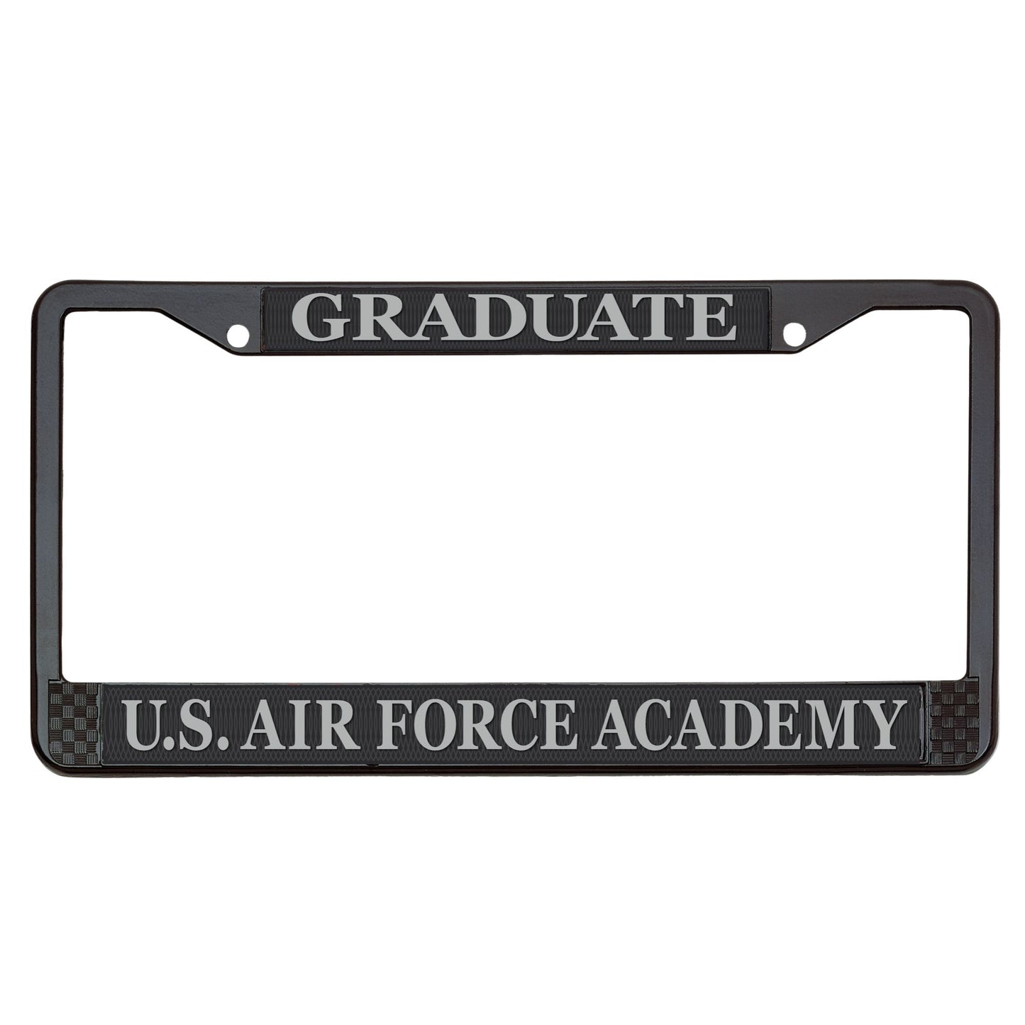 Air Force Academy Wingman silver license plate frame with graduate text and black powder-coated metal finish 