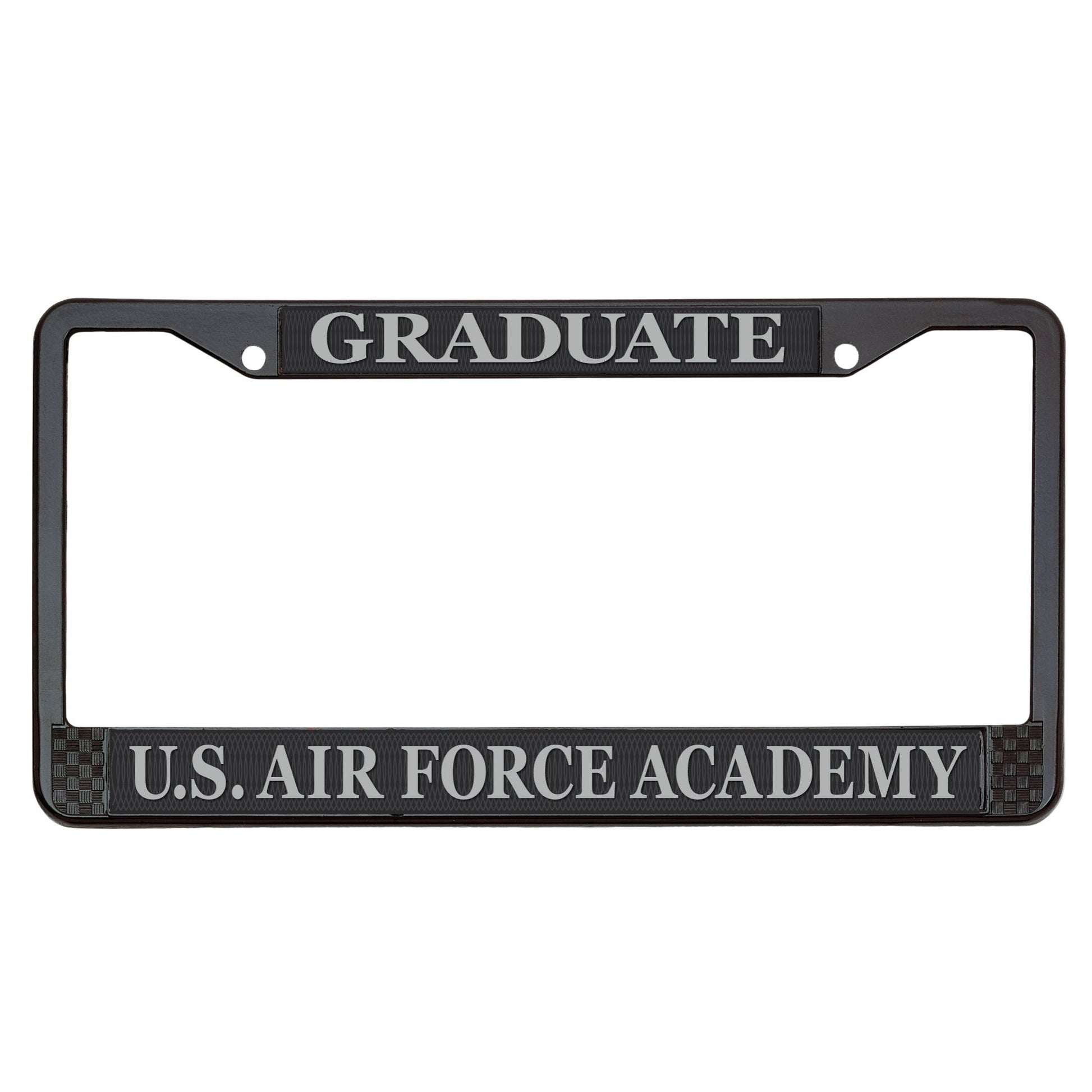 Air Force Academy Wingman silver license plate frame with graduate text and black powder-coated metal finish 
