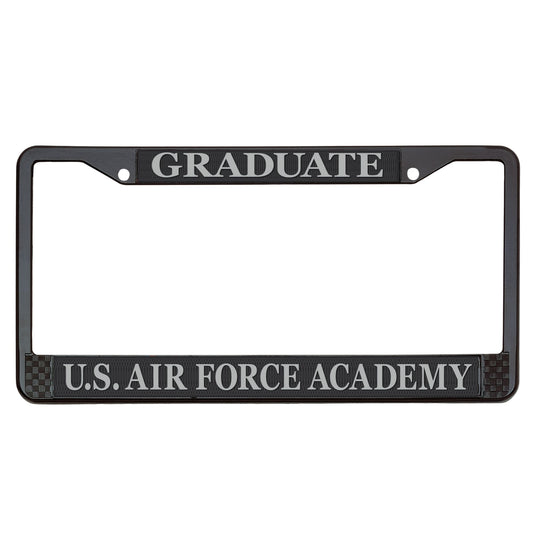 Air Force Academy Wingman silver license plate frame with graduate text and black powder-coated metal finish 