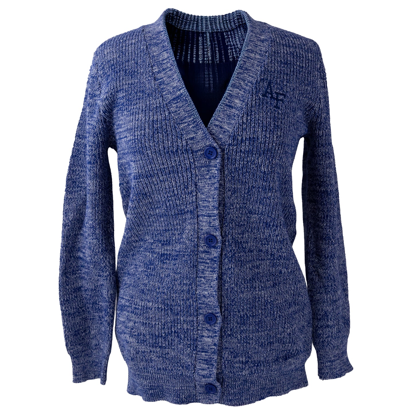 Blue women’s Air Force Academy knit cardigan with button front and embroidered logo on the chest