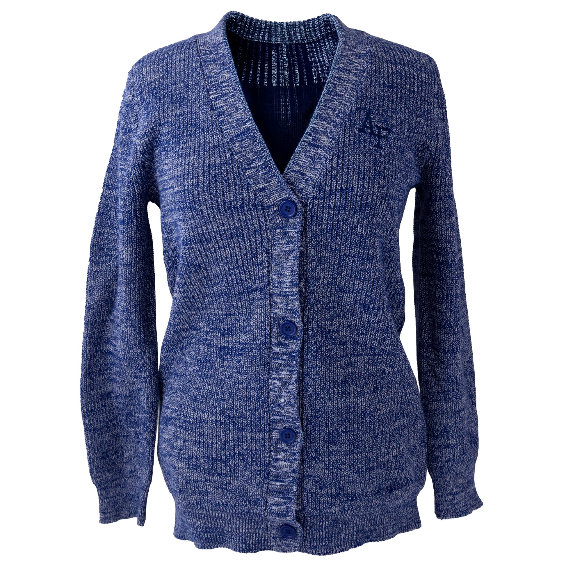 Blue women’s Air Force Academy knit cardigan with button front and embroidered logo on the chest