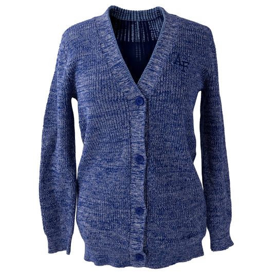 Blue women’s Air Force Academy knit cardigan with button front and embroidered logo on the chest