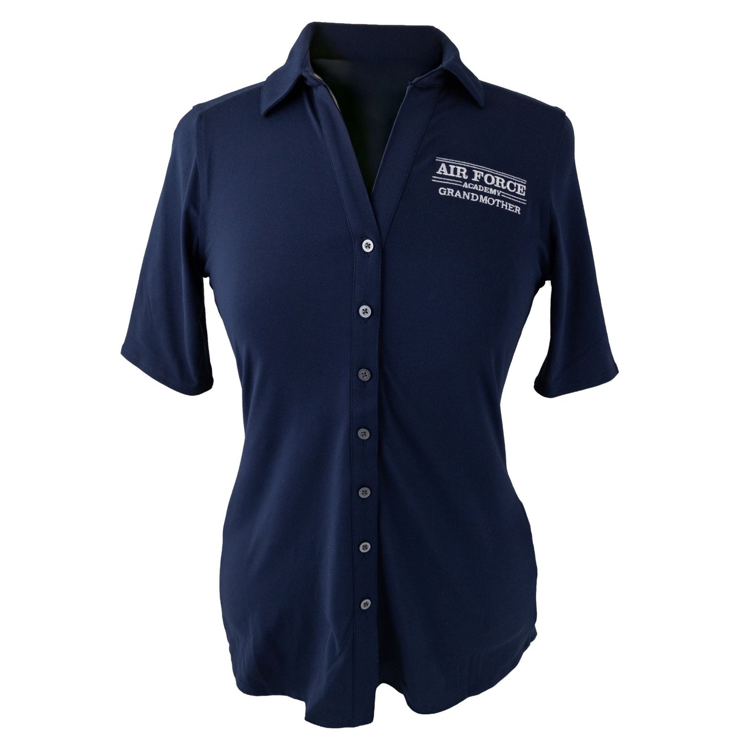 Navy women’s Air Force Academy button-front top with “Grandmother” lettering on the chest